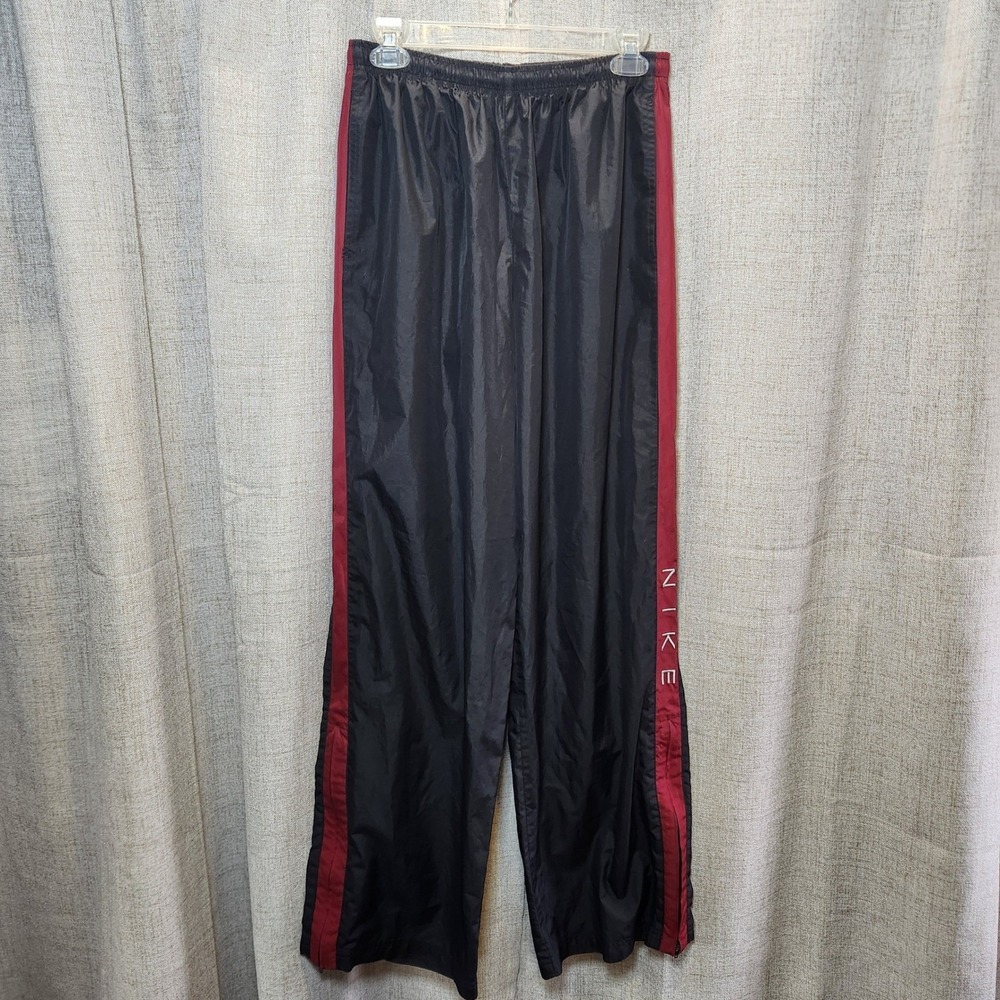 Vintage Nike Y2K Windbreaker Pants Mens L Black Burgundy NIKE Spellout 90s Track
